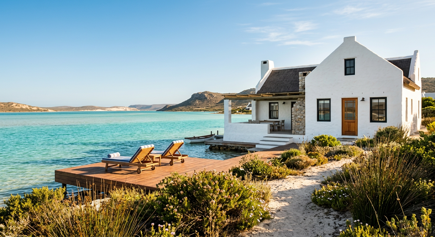 A whitewashed holiday cottage beside a turquoise lagoon on the Western Cape coast