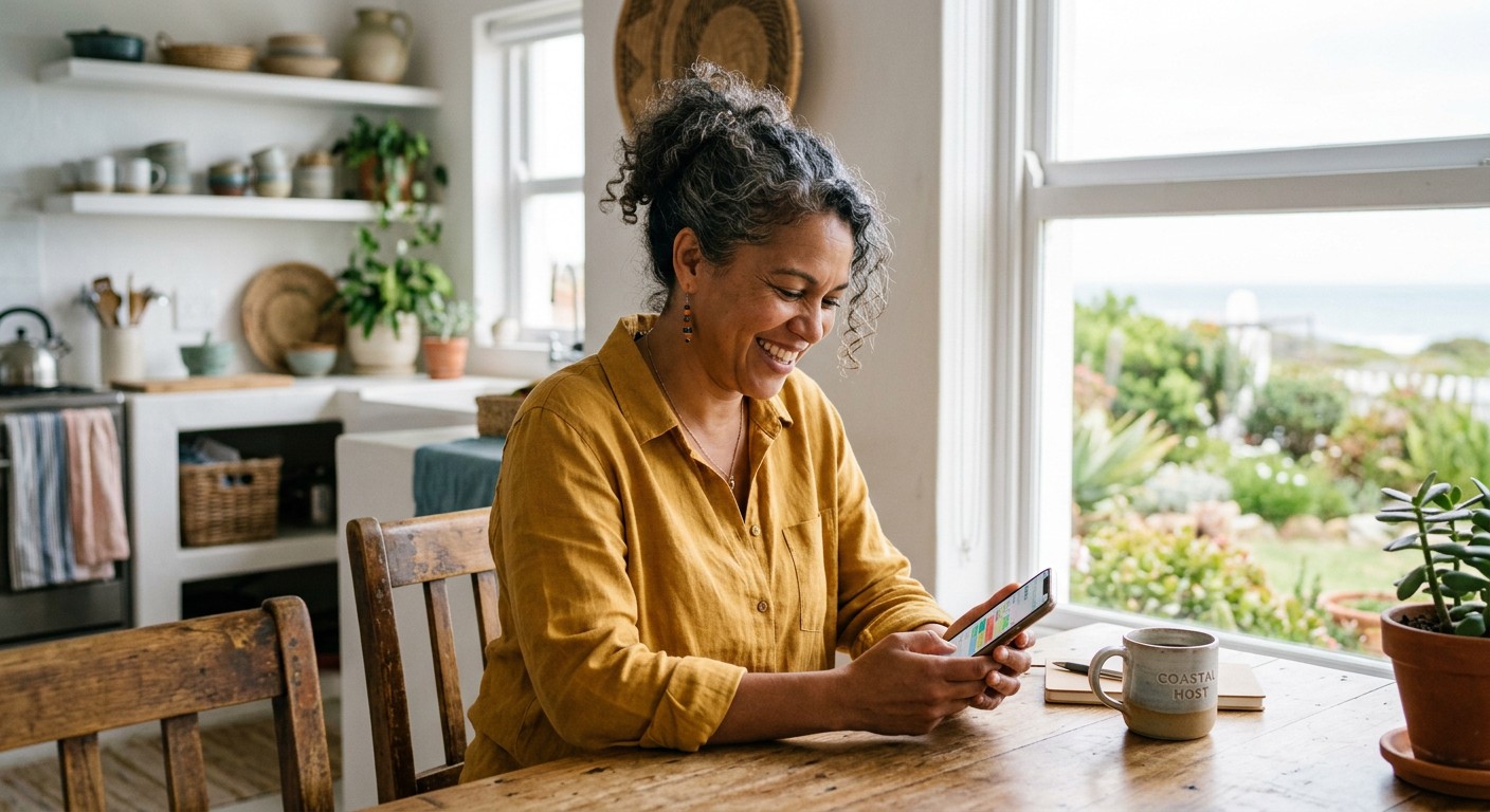 A holiday rental host checking her booking calendar on her phone at a sunny kitchen table